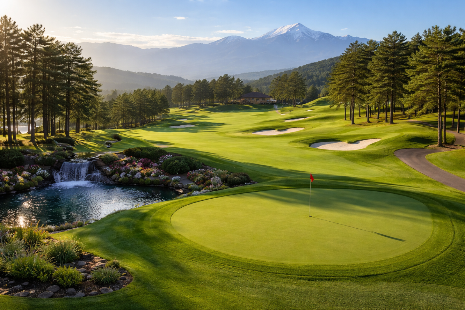 朝日のゴルフコースと山景色1